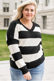 Black and white striped plus size sweater