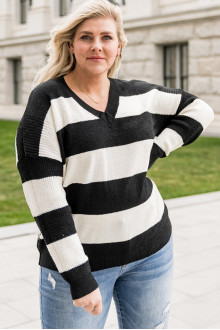 Black and white striped plus size sweater