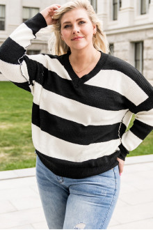 Black and white striped plus size sweater