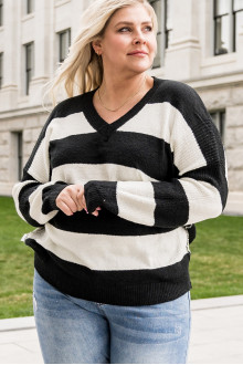 Black and white striped plus size sweater