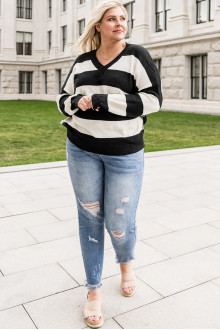 Black and white striped plus size sweater