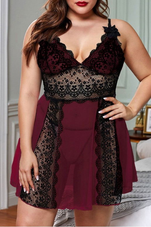 Sexy plus size nightgown made of black lace and soft fine tulle in marsala