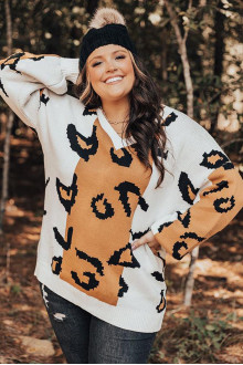 V-neck plus size sweater with leopard print