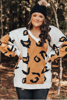 V-neck plus size sweater with leopard print