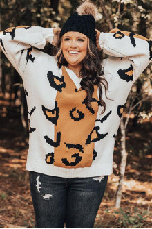 V-neck plus size sweater with leopard print