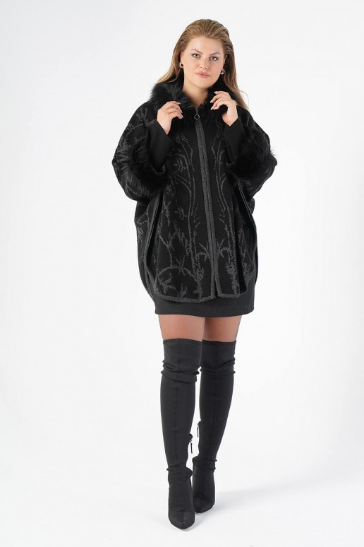 Luxurious black plus size coat with zip and down collar