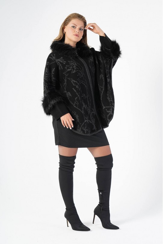 Луксозно черно макси палто с цип и пухена яка