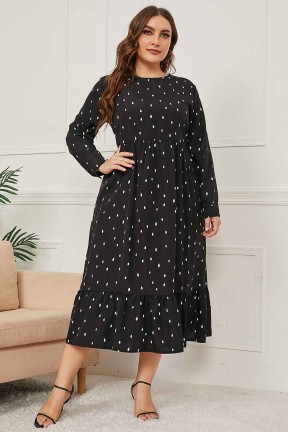 Black midi plus size dress with white dots