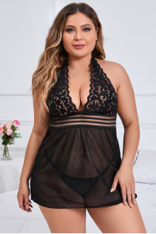 See-through black sexy plus size nightdress with lace babydoll neckline