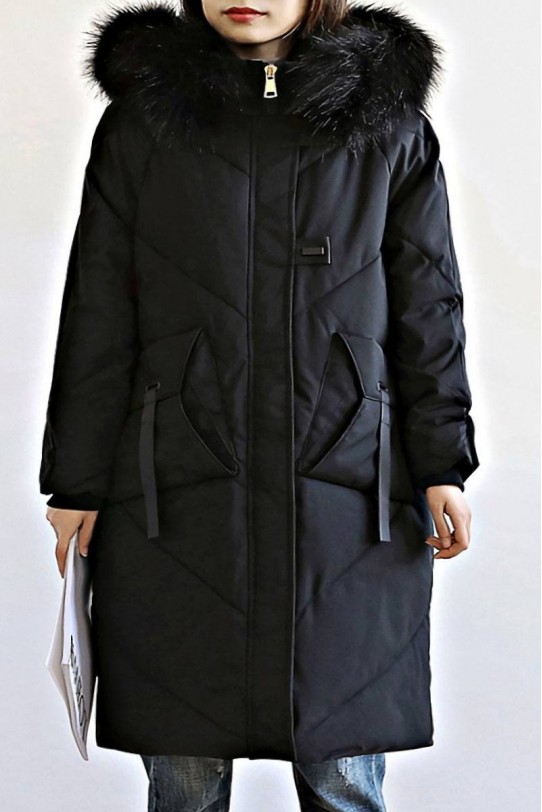 Пухено черно зимно макси яке с пухена качулка и големи джобове