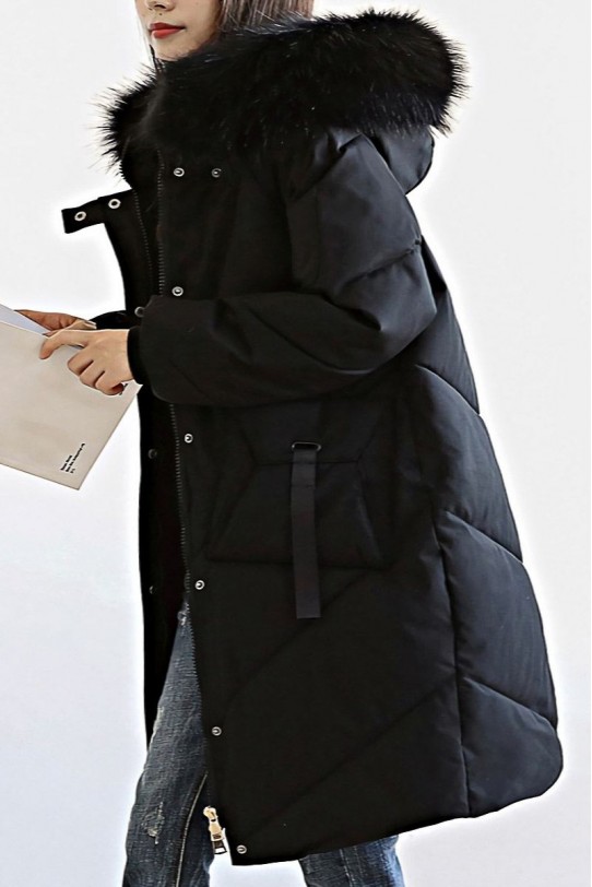 Пухено черно зимно макси яке с пухена качулка и големи джобове