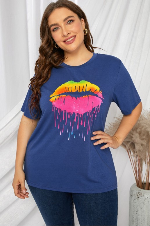 Trendy blue lip print plus size t-shirt