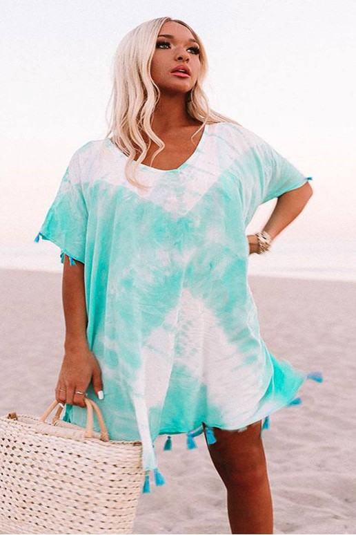 Beach dress in white and turquoise with tassels