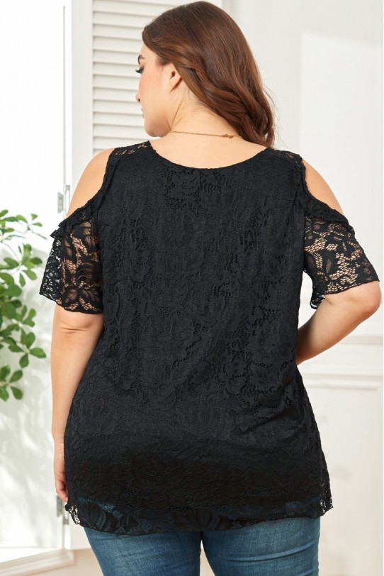 Черна дантелена макси блуза с изрязани рамене