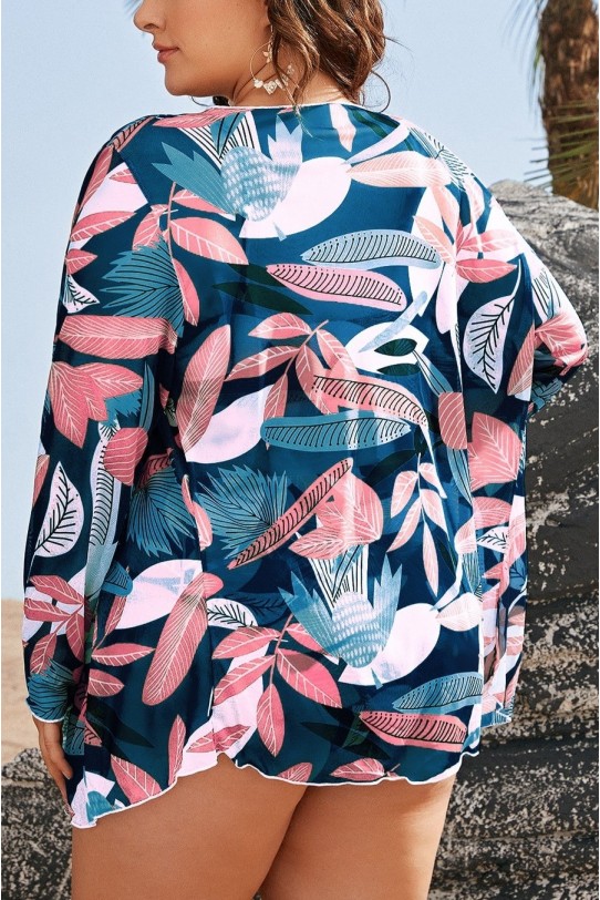 Комплект макси бански и плажна риза в синьо-розов принт