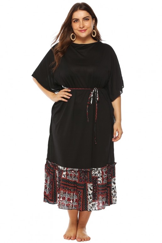 Black boho linen and cotton plus size dress