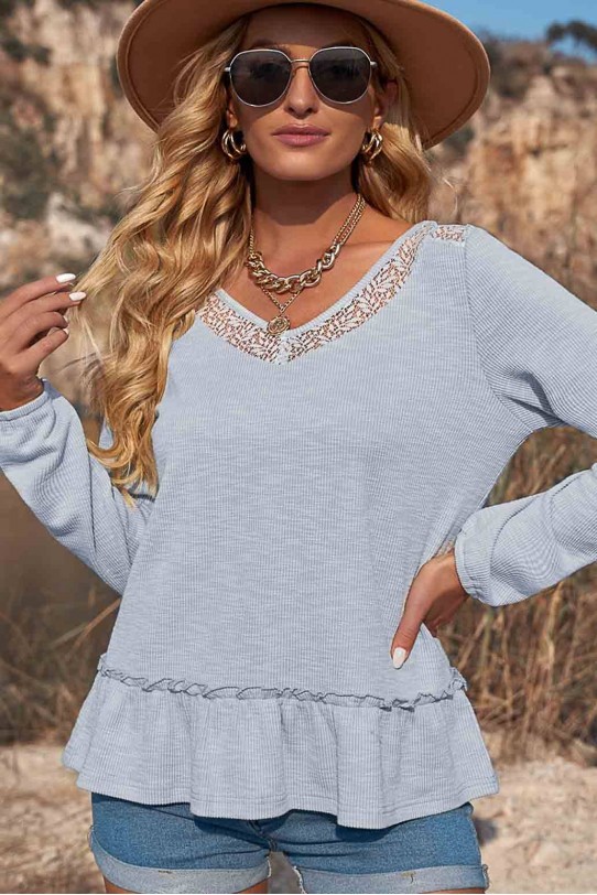 Ruched plus size blouse with lace in ash light grey