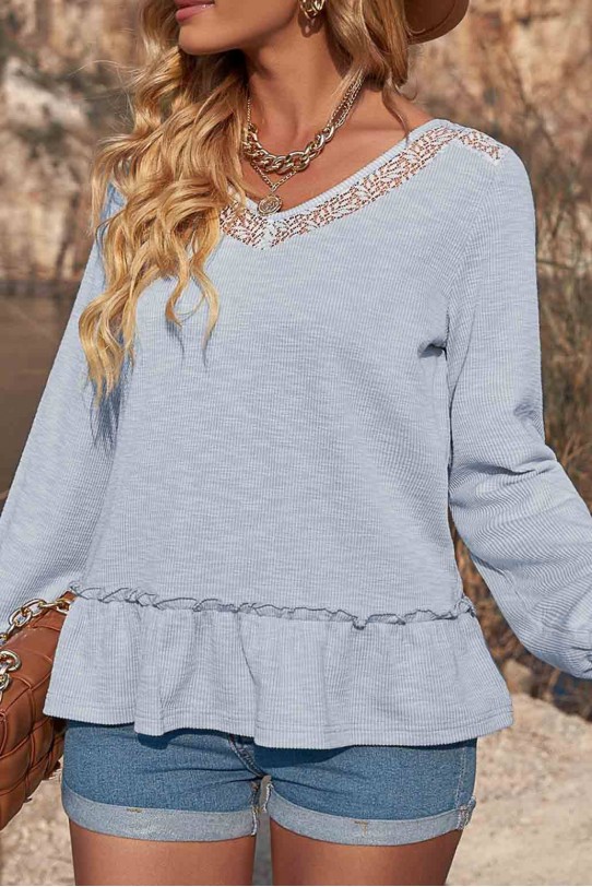 Ruched plus size blouse with lace in ash light grey