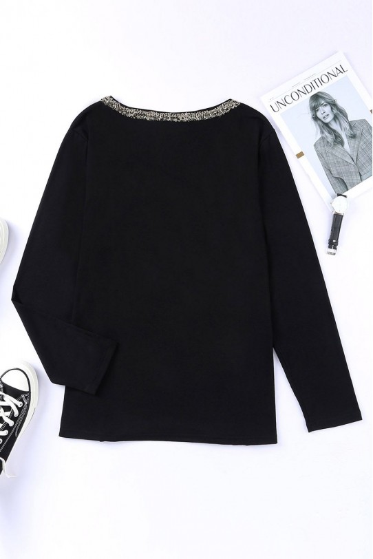 Черна макси блуза с V-образно деколте с фини пайети