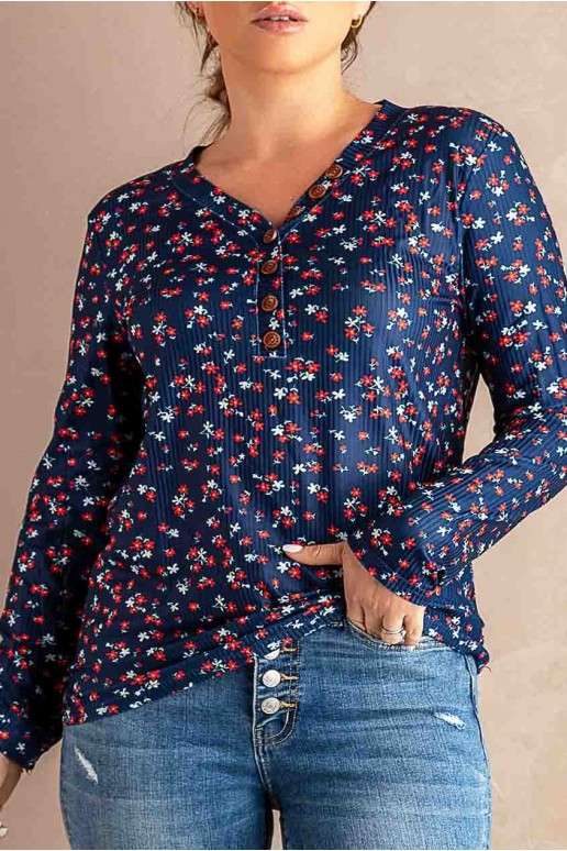 Ribbed plus size blouse in dark blue with a print of small flowers