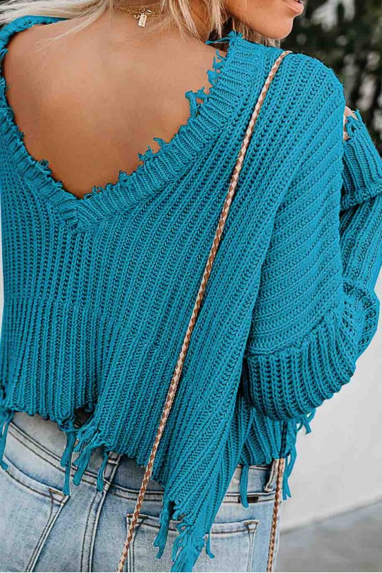 Modern turquoise plus size sweater with a torn hem