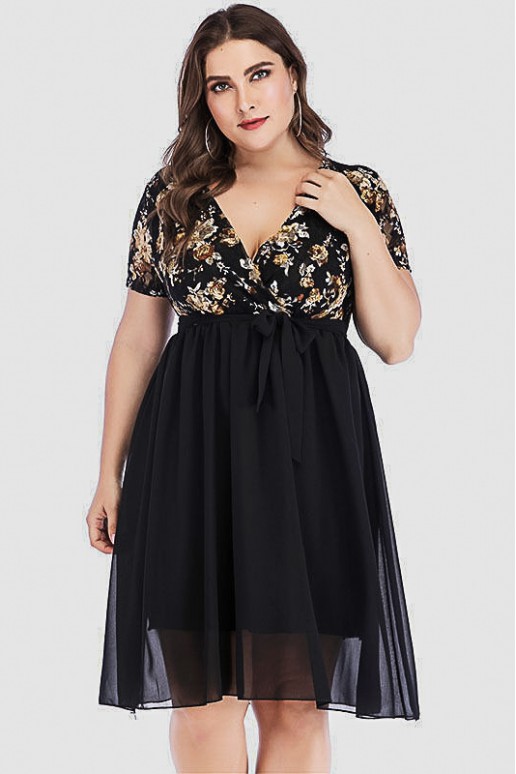 Rose red chiffon and lace plus size black