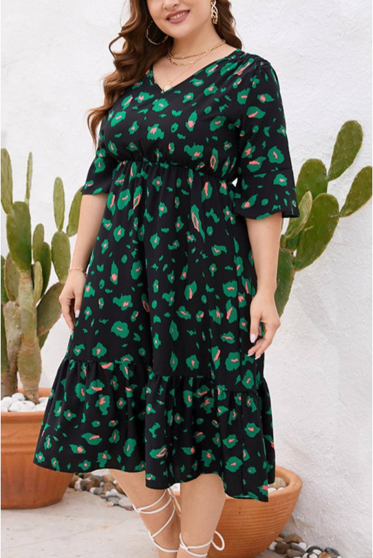 Модерна миди макси рокля в черно и зелено