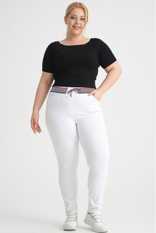 Clean white plus size jeans with an elasticated waist in herringbone stripes