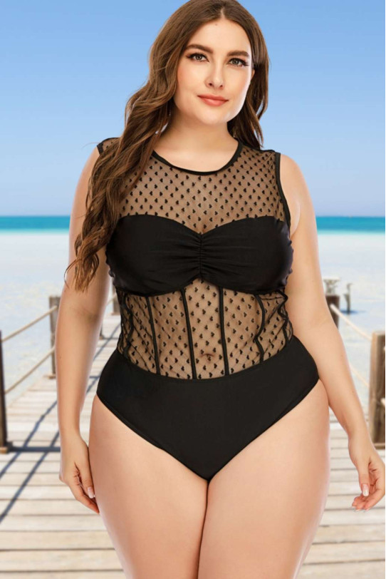 Delicate one-piece plus size swimsuit with fine tulle on hearts