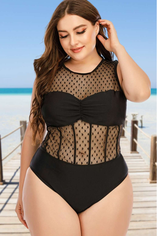 Delicate one-piece plus size swimsuit with fine tulle on hearts