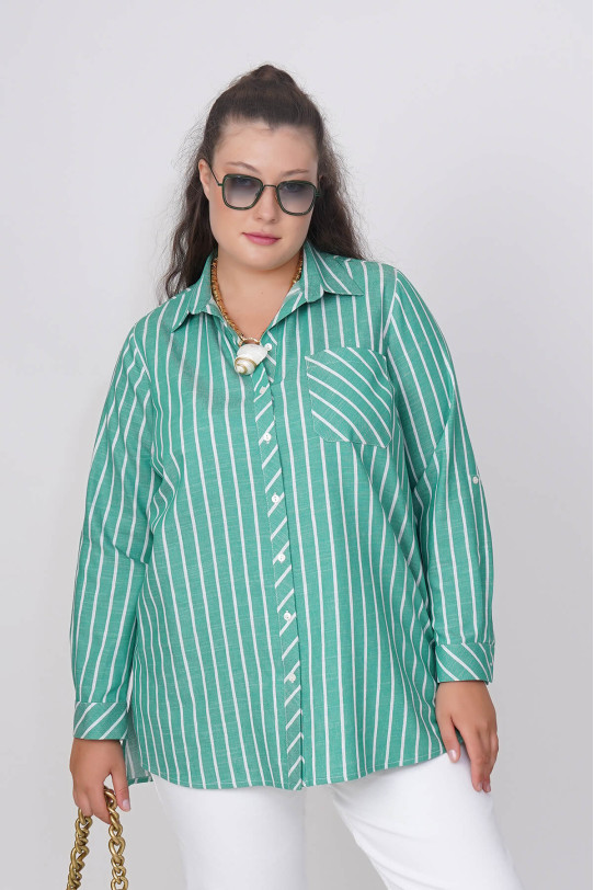 Cotton green shirt with thin white stripe