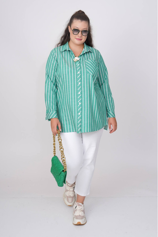 Cotton green shirt with thin white stripe