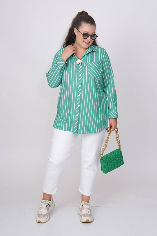 Cotton green shirt with thin white stripe