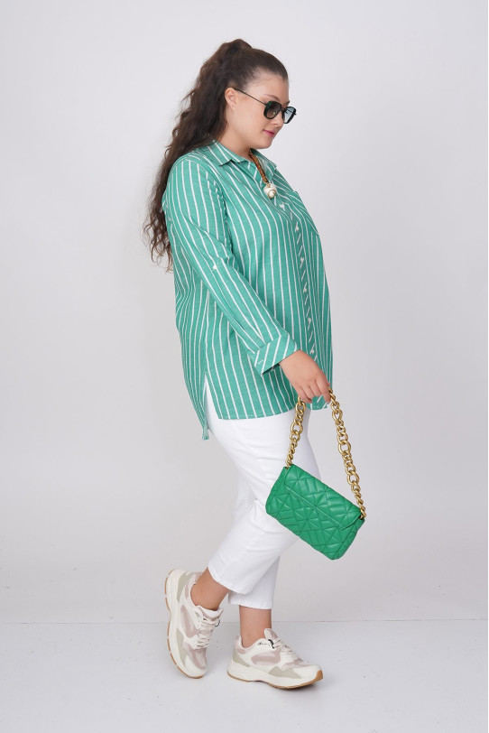 Cotton green shirt with thin white stripe