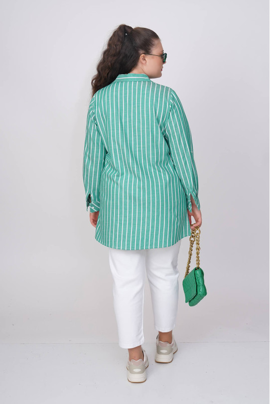 Cotton green shirt with thin white stripe