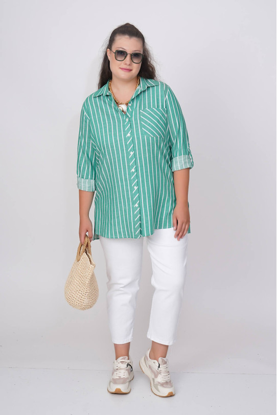 Cotton green shirt with thin white stripe