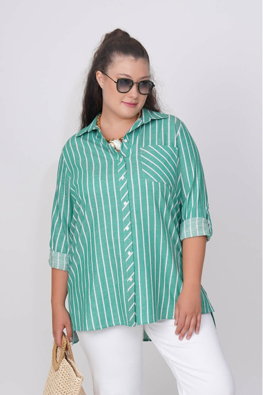 Cotton green shirt with thin white stripe