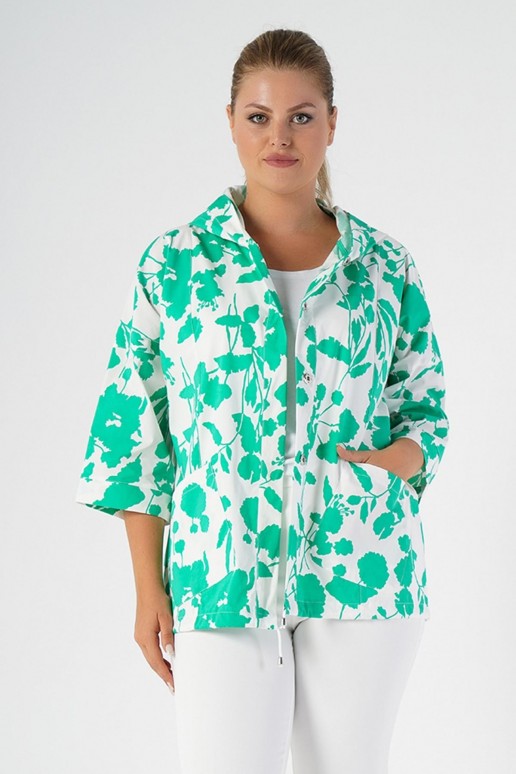 Luxurious white plus size jacket with floral print in green