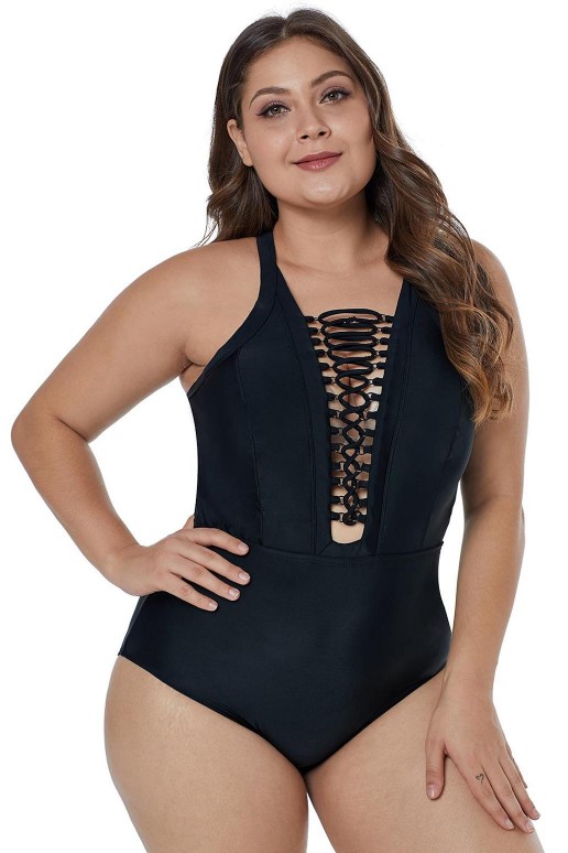 Black full plus size swimsuit with a spectacular neckline