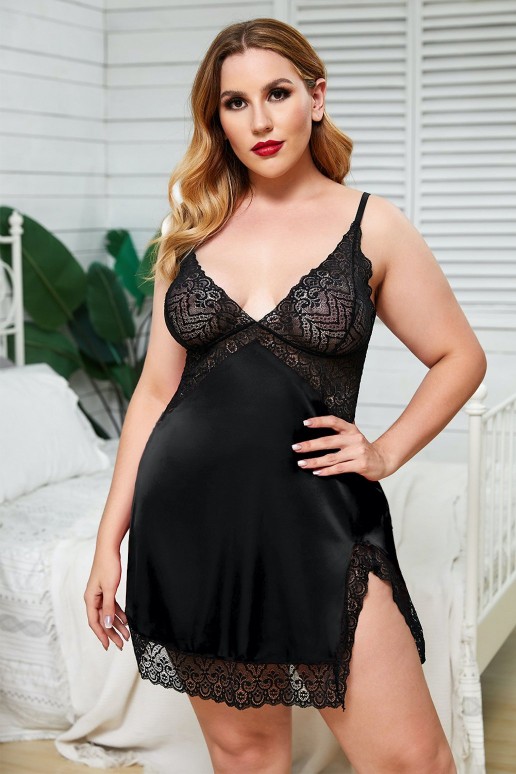 Black sexy plus size nightgown with lace and bare back
