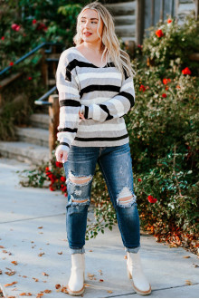 Gray and white striped maxi sweater with a spectacular back