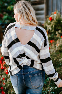 Gray and white striped maxi sweater with a spectacular back