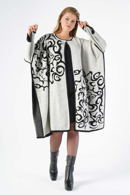 Луксозно макси палто в бяло-черна дизайнеска шарка