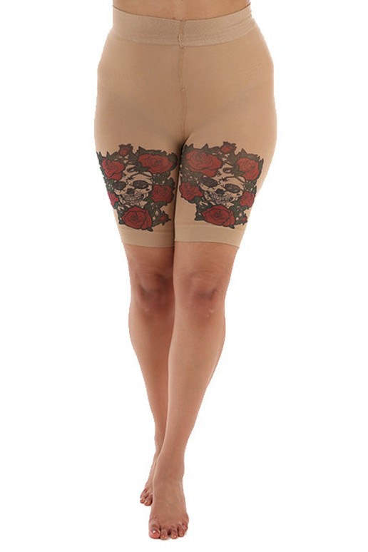 90 DEN Curvy Anti Chafing Shorts Skull and Red Roses