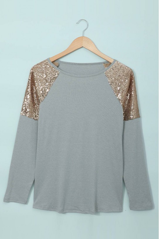 Grey plus size blouse with gold sequins on the shoulders