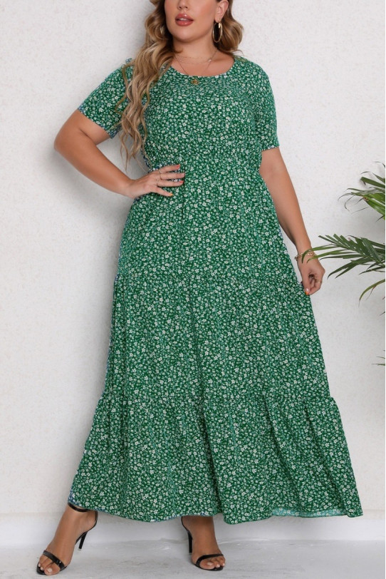 Green long plus size dress with frills and tiny white flowers