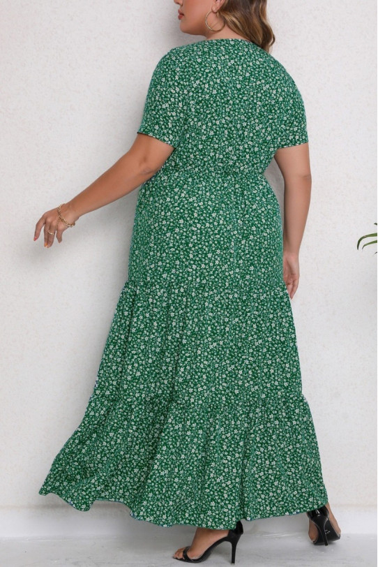 Green long plus size dress with frills and tiny white flowers