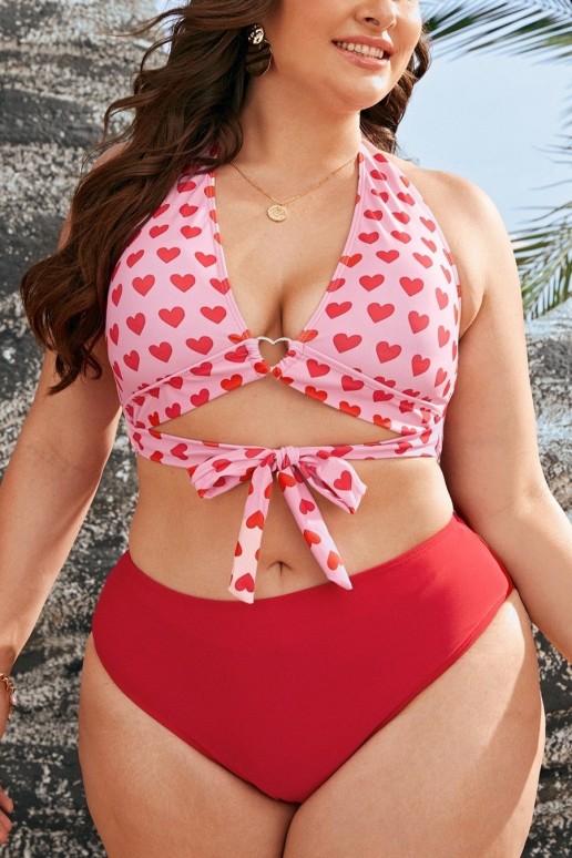 Half plus size swimsuit in pink and red with hearts