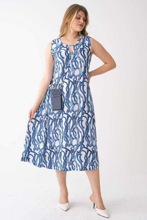 Луксозна памучна макси рокля с принт в морско синьо