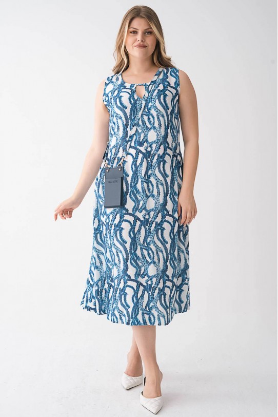 Луксозна памучна макси рокля с принт в морско синьо